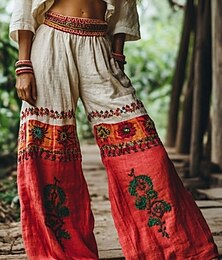 abordables -Pantalones boho para mujer pantalones chinos de pierna ancha vacaciones estilo étnico vintage de largo completo cintura alta gráfico floral bolsillo cinturilla elástica impresión cómoda suave