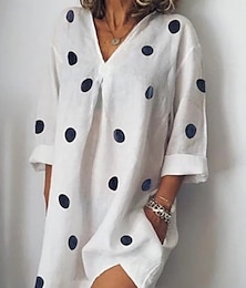 abordables -Robe midi pour femmes robe d shift décontractée extérieure plage similicuir coupe régulière graphique à pois à manches longues col en V blanc rose bleu gris été