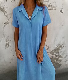economico -Vestito midi in cotone e lino da donna, estivo, casual, quotidiano, per le feste, vestibilità regolare, tinta unita, manica corta, con revers, rosa, blu, arancione, verde, estate, primavera.
