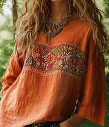 economico -Per donna Blusa Floreale Grafico Bohemien Quotidiano Etnico Manica 3/4 Girocollo Scollo a Barca Top Regolari Quotidiano Ferie Abbigliamento da vacanza Stampato Nero Rosso Arancione Beige Estate