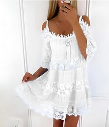 abordables -Femmes Mini Robe Robe Blanche Robe de remise des diplômes Robe en Dentelle Robe bohème Élégant Basique Moderne Vacances Coupe Ample Couleur Unie Demi Manches Col ras du cou Noir Blanche Vert Bleu