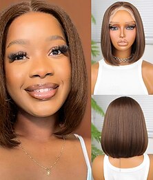 baratos -Peruca sintética Liso Estilo 10 polegada Marrom Claro Parte do meio 13x4 Lace Front Peruca Mulheres Peruca Marrom Claro