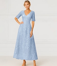 abordables -Robe A-Line Perles Bleues Mère de la Mariée Robe Élégante Vintage Col V Longueur Cheville Tulle Manches Courtes avec Broderie Pailletée