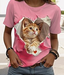 abordables -Mujer Camiseta Graphic Gato Elegante Clásico Casual Manga Corta Cuello Barco Tops regulares Diario Fin de semana Estampado Blanco Rosa Azul Piscina Verano Primavera