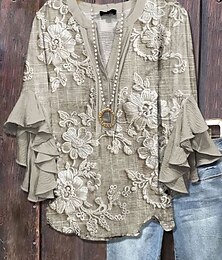 economico -Blusa Retro da Donna con Maniche a Ruffle a Strati Stampa 3D Grafica Floreale Vintage Giornaliera Stile Elegante Casual Maniche a 3/4 Collo a V Maglietta Regolare Abbigliamento Estivo Primaverile per