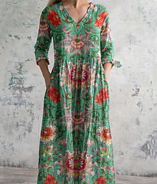 levne -Dámské Midi šaty Áčkové šaty Na běžné nošení Denní Běžný Květinový 3/4 délka rukávu Do V Žlutá Tmavě zelená Hnědá Trávová zelená Léto Jaro Podzim