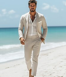 お買い得  -男性用 リネンスーツ ビーチウェディング カジュアル ベージュ 夏 スーツ ノッチドラペル ライトウェイト ソリッド スタンダードフィット 2点セット シングルブレスト 一つボタン