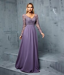 abordables -Ligne A Robes de Quinceanera Élégant Robe Mariage robe demoiselle d honneur Longueur au sol manche longue Col en V Chiffon avec Plis 2025