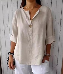 economico -Per donna Camicia Camicia in cotone e lino Blusa Semplice Moderno Casual Manica 3/4 Scollo a V Top Regolari Quotidiano Uscire Bottoni Nero Bianco Rosso Blu marino Verde Estate