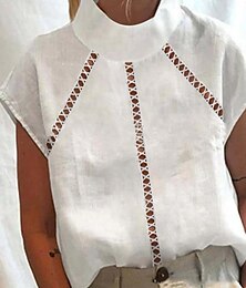 economico -Camicia in Cotone Lino per Donna a Maniche Lunghe Colore Solido Bohemia Stile Quotidiano Collo Regolare Top Quotidiano Vacanza Uscita Patchwork Bianca Estate Primavera