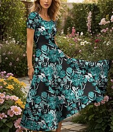 ieftine -Pentru femei Rochie Maxi Rochie casual Rochie de Vară Rochie A line Rochie de vară Vacanță Epocă Έθνικ Fit regulat Floral Grafic Manșon scurt Pătrat Roșu-aprins Albastru piscină Mov Trifoi Var