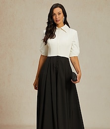 abordables -Ligne A Robe de Mère de Mariée  Élégant Fête Col de chemise Longueur au sol Taffetas Manche Courte avec Noeud(s) Bloc de Couleur 2025