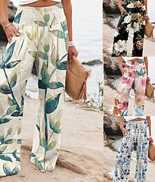 economico -Per donna Gamba larga Pantaloni in cotone e lino Pantaloni Eleganti Streetwear Casual Lunghezza intera Naturale Floreale Tasca Stampa Comodo All'aperto All'aperto Vacanza Streetwear Nero grigio Rosso