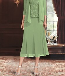 economico -Set di Abiti Madre della Sposa Abito Elegante Semplice Collo Quadrato Lunghezza Tea Poliestere Manica 3/4 con Colore Solido