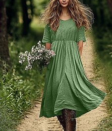 abordables -Robe midi en coton et lin pour femme, robe droite, robe trapèze, robe d'été décontractée, tenue de tous les jours, vacances, coupe ample, unie, manches courtes, col en V, blanc, rose, bleu, vert, été,