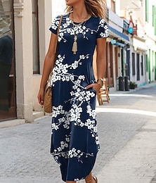ieftine -Pentru femei Rochii Midi Rochii Tricou Rochie de vară Vacanță Casual Stiluri de Plajă Zilnic Petrecere ceai Ieșire Fit regulat Floral Grafic Fluture Manșon scurt Stil Nautic Roșu-aprins Albastru