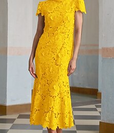 preiswerte -Gelb Blau Säule Cocktail elegante bestickte Kleid formale Hochzeit Knöchel Länge Kurzarm Stehkragen Spitze mit Schlitz 2025