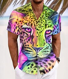 お買い得  -男性用 レオパード シャツ ボタンアップシャツ デザイナーシャツ 半袖 ヴィンテージレトロ バケーション カジュアル 夏 春 折襟 3Dプリント 襟付きシャツ レインボー