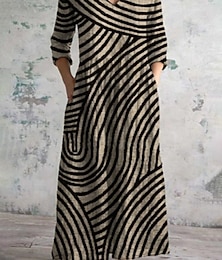 abordables -Femmes Robe Longue Maxi Robe Robe Décontractée Robe d'été Robe bohème Mode Vacances Quotidien Week-end Coupe régulière Géométrique manche longue Col en V Noir Kaki Abricot Été