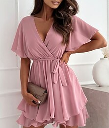 abordables -Robe courte pour femmes robe portefeuille robe évasée unicolore robe d'été décontractée ajustement régulier graphique plain manches courtes col en V noir blanc rose été