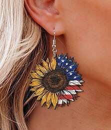 abordables -Pendientes colgantes de madera con diseño de girasol y bandera estadounidense para mujer: joyas ligeras de estilo bohemio patriótico para el Día de la Independencia, el 4 de julio, el Día de los Caídos y festivales de verano.
