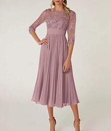 voordelige -A-lijn Moeder van de bruid jurk Bruiloft gast Elegant Strakke ronde hals Over de knie Chiffon Kant 3/4 mouw met Kant Plooien 2025