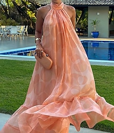 economico -Abiti da sposa abito arancione A-Line collo all'americana senza maniche lunghezza fino al pavimento abiti da sposa in chiffon con orlo a ruffles
