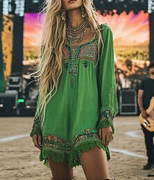 preiswerte -Damen Minikleid Boho-Kleid Westernkleid Mode Modern Täglich Ferien Ausgehen Normale Passform Blume Langarm Quadrathals Grün Sommer