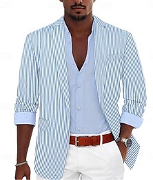economico -Blazer da uomo in seersucker, giacca sportiva estiva, blazer leggero a righe, azzurro salvia, vestibilità standard, monopetto, un bottone