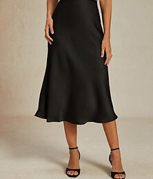 abordables -Femmes Jupe Élégant Mode Affaires Midi Taille Basse Jupes Uni Vêtements de travail Invité de mariage Noir Été Satin
