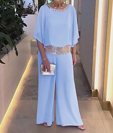 preiswerte -Zweiteiliges Jumpsuit  Hosenanzug Brautmutter Hosenanzug Elegant Vintage Einfach Bootshals Bodenlang Chiffon Halbe Ärmel mit Pailletten