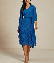 preiswerte -Damen Kleid-Set Spitzenkleid Freizeitkleid Chiffonkleid Elegant Lässig Einfach Spitze Midikleid Langarm V Ausschnitt Ausgehen Blau Wein Herbst Winter Normale Passform
