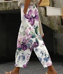 economico -Pantaloni in Cotone e Lino da Donna Pantaloni Baggy Pantaloni Simili al Lino Pantaloni Corti da Spiaggia Vacanza Moda Vintage Lunghezza Completa Vita Alta Stampa Grafica Floreale Termico Caldo