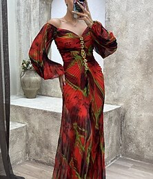 ieftine -Pentru femei Rochie Lunga Rochie Maxi Rochie de petrecere Rochie de Cocktail Rochie florala Modă Petrecere Serată Dată Fit regulat Floare Manșon Lung În V Galben Roșu Vin Albastru piscină Trifoi Vară