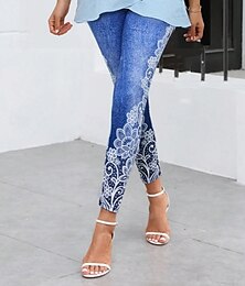 abordables -Leggings pour femmes Pantalons Impression 3D Vacances Mode Vintage Longueur Complète Haute Taille Imprimé Graphique Floral Respirant Doux Extensible Vacances Décontracté Quotidien Bleu Été Printemps