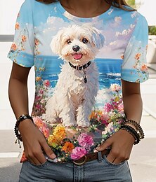 abordables -Mujer Camiseta Graphic Animal Perro Elegante Clásico Casual Manga Corta Cuello Barco Tops regulares Diario Fin de semana Estampado Verde Hierba Azul Piscina Azul polvoriento Naranja Verde Trébol
