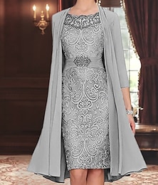 voordelige -Jurkjij Moeder van de Bruid Jurk Elegant Eenvoudig Boot Hals Knie Lengte Polyester Lange Mouw met Effen Kleur Afstudeerjurk 2025