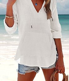 economico -Blusa Donna Cotone Lino Colore Uni Elegante Casual Maniche Lunghe Collo a V Top Regolari Quotidiano Festivo Pocket Nero Bianco Rosa Blu Estate Primavera