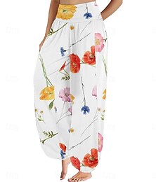 economico -Per donna Pantaloni ispirati al lino Gamba larga Pantaloni Stile Etnico Casual Boho Lunghezza intera Vita Alta Floreale Foglia Tropicale Tasca Elastico in vita Stampa Traspirabilità Morbido