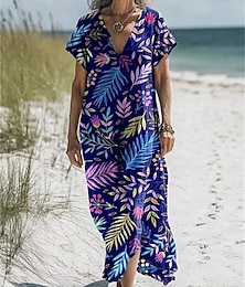 economico -Per donna Abito Lungo Maxi Abito Abiti in cotone e lino Vestito Casual Abito Boho Abito occidentale Moda All'aperto Feste Ferie Vestibilità regolare Fiore Manica Corta Scollo a V Nero Blu Viola