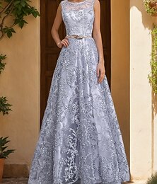 preiswerte -Jacquard-A-Linien-Ballkleider, elegantes Kleid für Hochzeitsgäste, Urlaub, bodenlang, ärmellos, Rundhalsausschnitt, Tüll mit Metallgürtel 2025