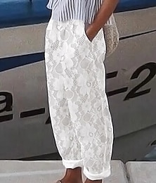 abordables -Pantalones Holgados de Algodón y Lino para Mujer Chinos de Color Sólido Básicos Casuales de Largo Completo Cintura Alta Sencillos con Detalles de Encaje Bolsillo Confortables para el Aire Libre