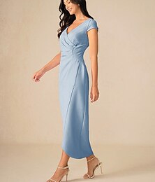 economico -Per donna Abito maxi Abito a Portafoglio Festa Compleanno Formale Matrimonio Vacanza Ospite di nozze Vestibilità regolare Tinta unica Manica Corta Scollo a V Azzurro cielo Estate Primavera Autunno