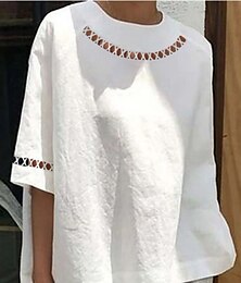 economico -Blusa da donna in cotone e lino Colore Solido Base Casual Manica 3/4 Collo Alto Regolare Tops Daily Patchwork Hollow Out Blu Estate