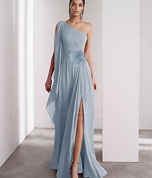 preiswerte -Ein Schulter Blau Pink A-Linie Chiffon Feder Abendkleid Elegantes Kleid Formell Bodenlang Ärmellos Raffung Schal