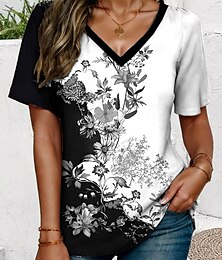 abordables -Mujer Camiseta Floral Graphic Vintage Elegante Étnico Manga Corta Escote en Pico Tops regulares Diario Noche Ropa de playa Estampado Negro y blanco Verano Primavera