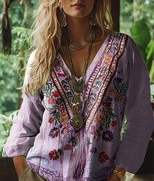 economico -Per donna Blusa Floreale Grafico Paisley Bohemien Vintage Tropicale Manica 3/4 Scollo a V Top Regolari Arricciato Stampato Viola Verde Estate Primavera