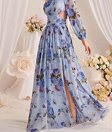 economico -Abiti da damigella A-Line Spalla unica Maniche lunghe Lunghezza fino al pavimento Chiffon Abiti da sposa con pieghe Stampa floreale