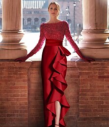 economico -abito da sera rosso verde a trapezio elegante abito formale lungo fino al pavimento manica lunga gioiello collo raso con volant spacco abito da ballo 2025