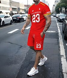 abordables -Hombre Letra y Número 2 piezas Conjuntos de camisetas Tops de verano Manga Corta Pantalones cortos Cuello Barco Deportes Casual Deporte Diario Impresión 3D Verano Negro Rojo Azul Piscina